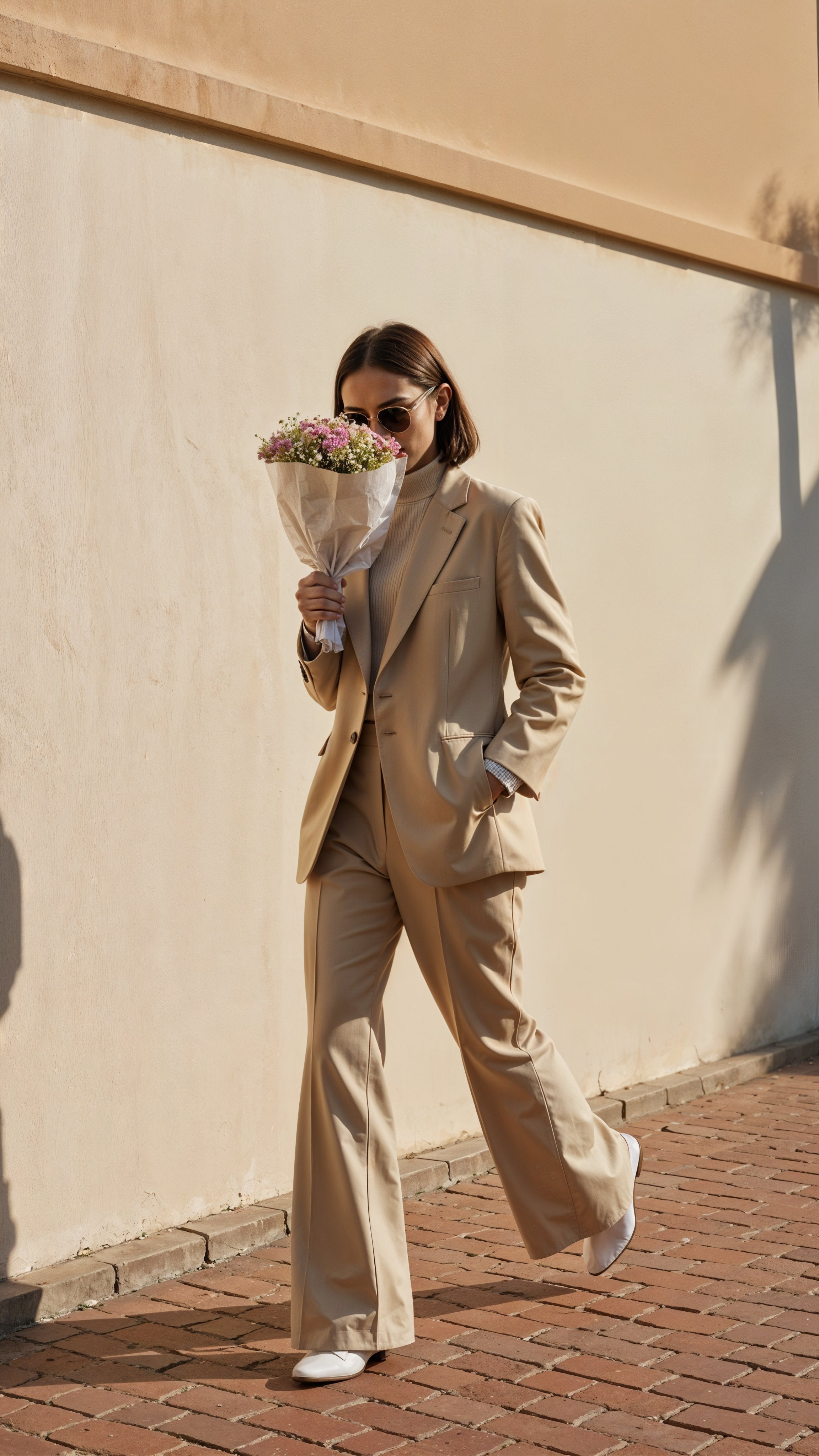 Elegant woman in a beige tailored suit walking outdoors with a bouquet of flowers, embodying timeless fashion, minimalism, and sophisticated street style.